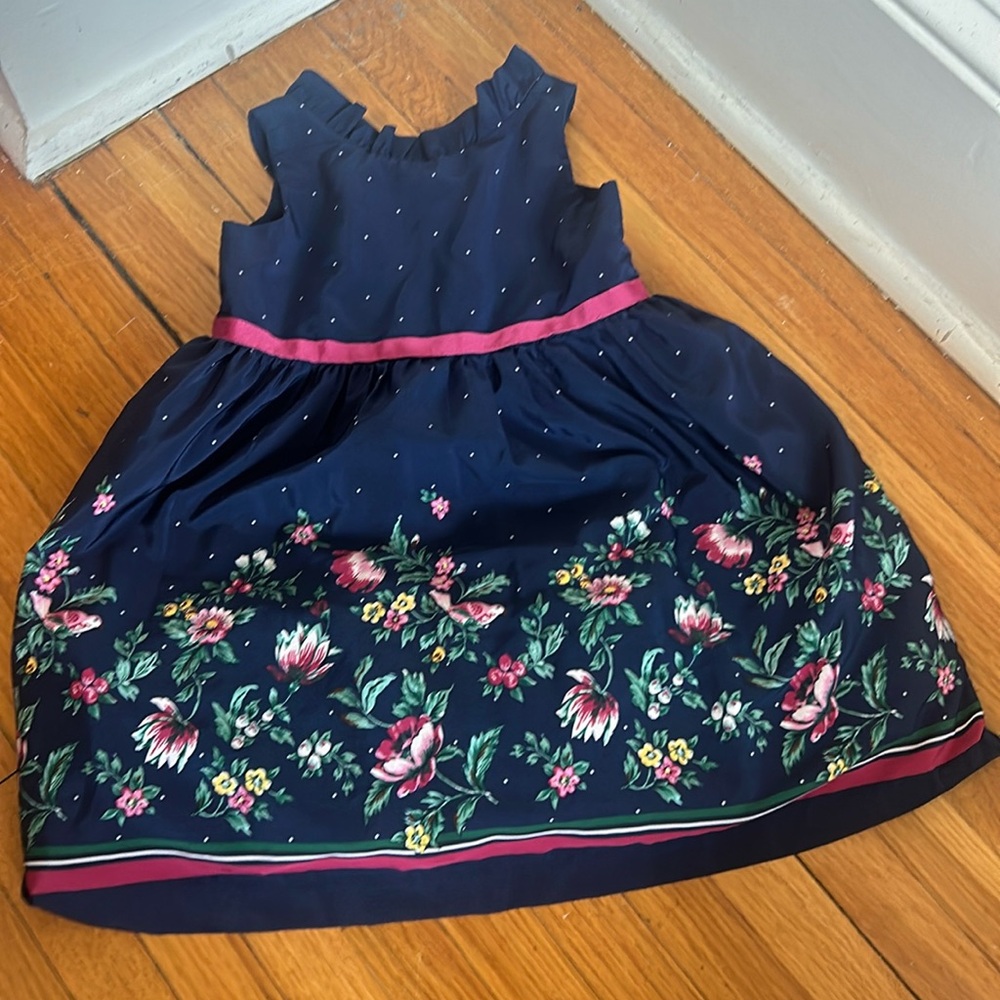 Janie and Jack 18-24 months ruffle neck dress, ribbon waist navy floral & dots